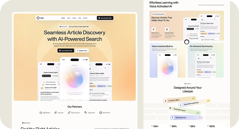 UI/UX design work: article discovery app screens