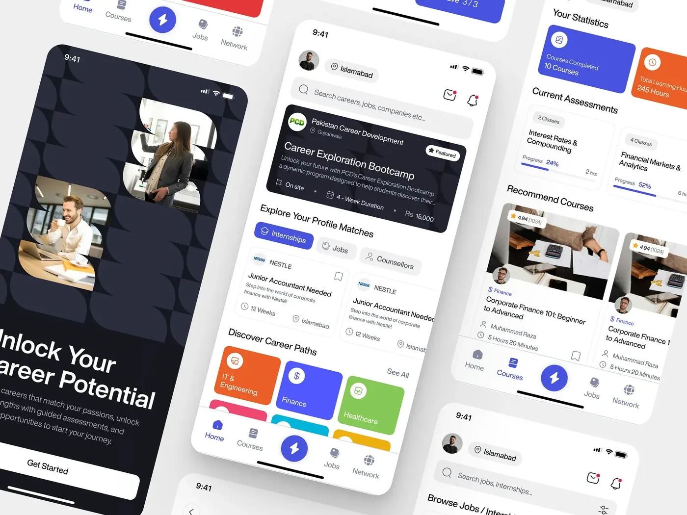 CareerHub mobile app screens: onboarding, job and internship matches, career paths and course progress