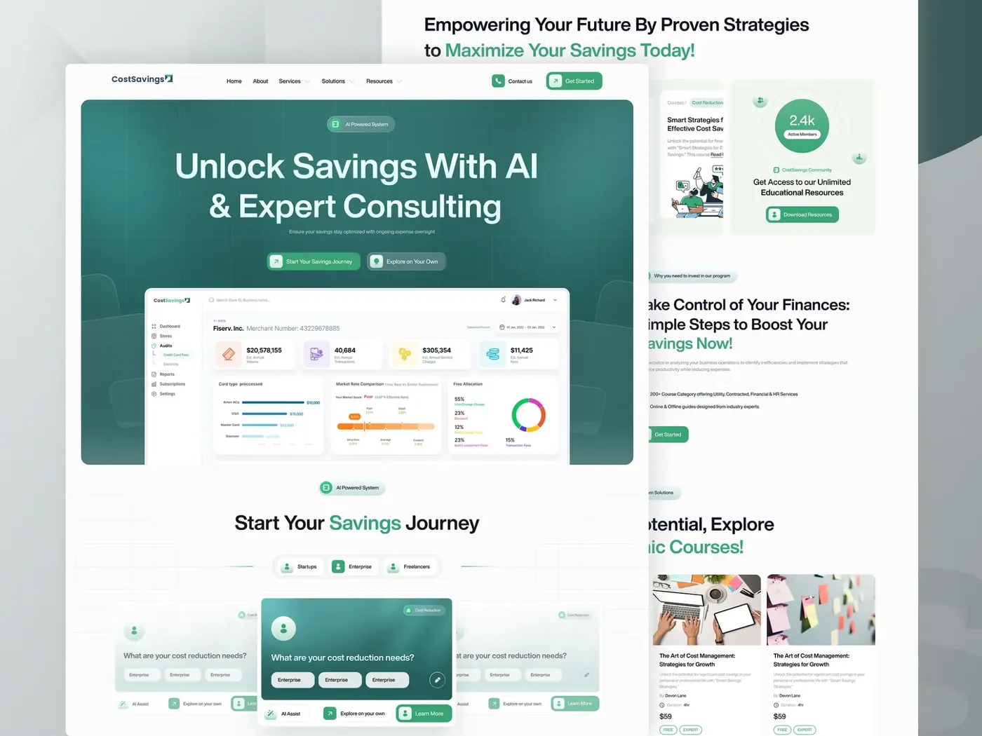 CostSavings website with an AI savings hero, merchant fee audit dashboard and course cards