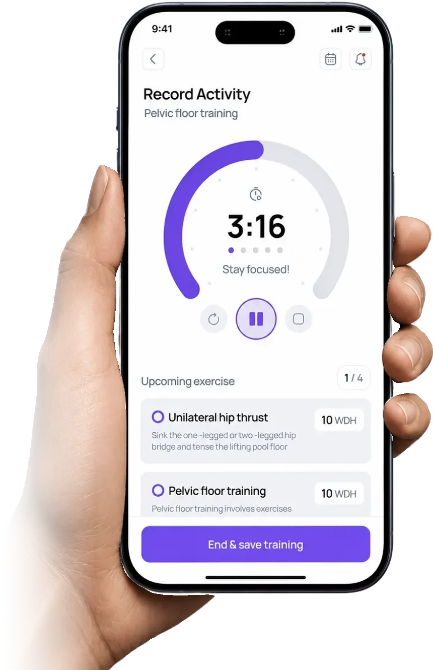 MS Buddy app in hand, recording a pelvic floor training session